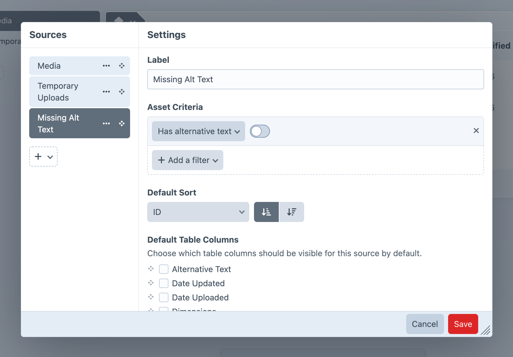 Screenshot of the asset source configuration modal in the Craft control panel