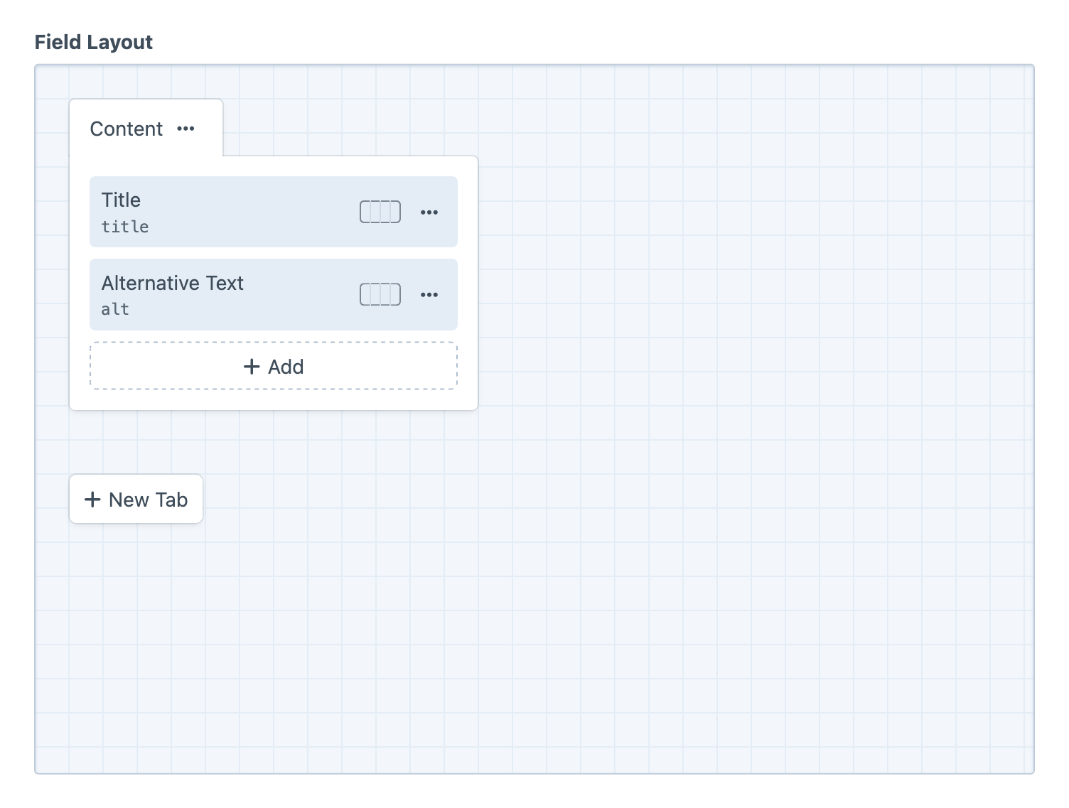 The field layout designer for an asset element. The content pane includes a Title field and an Alternative Text field.