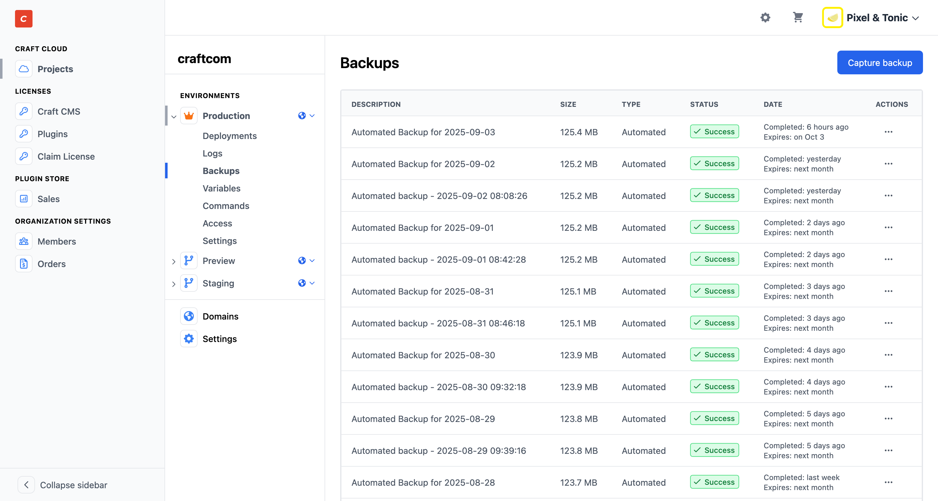 Screenshot of the database backup screen in a Cloud project on Craft Console.