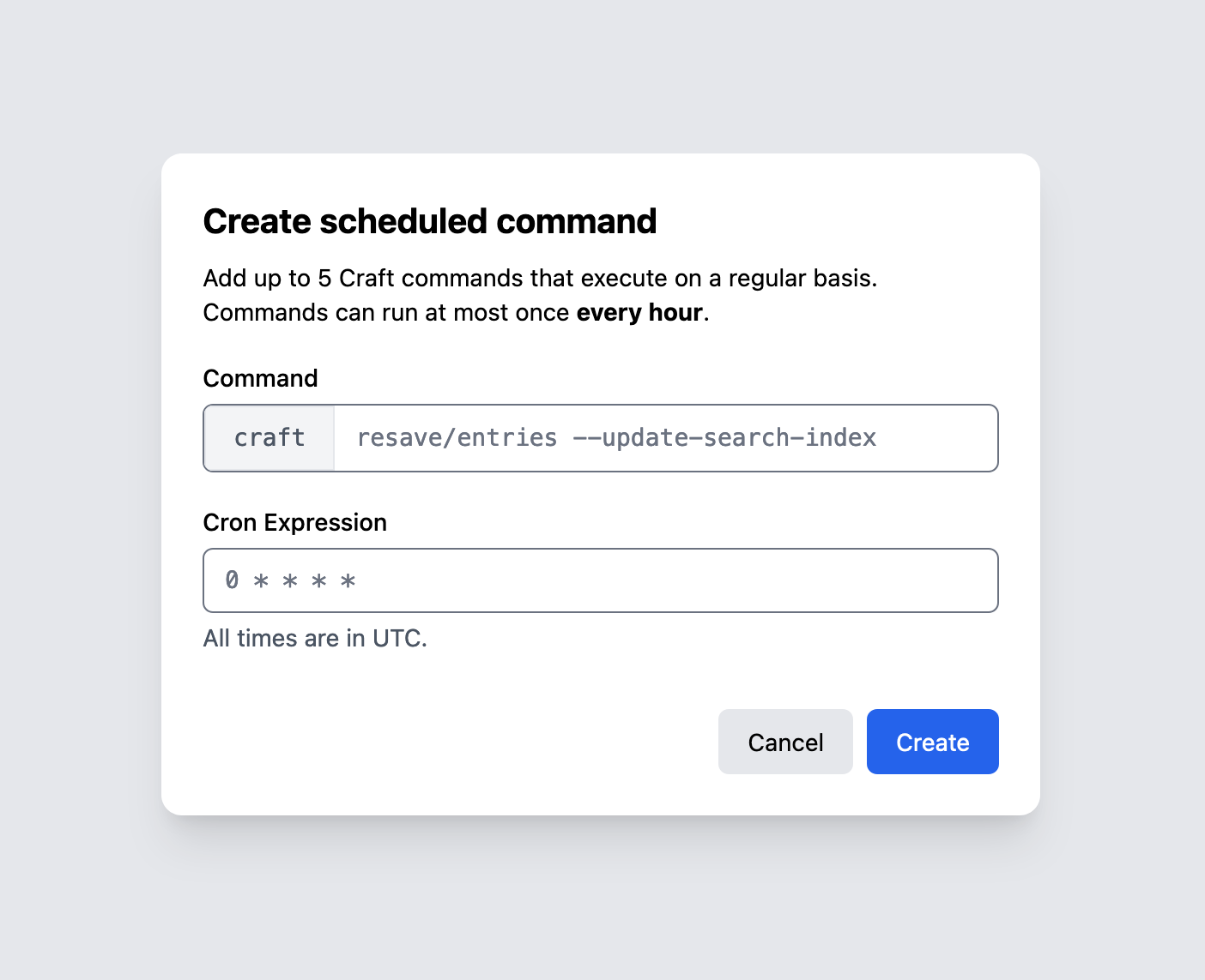 Screenshot showing a modal in Craft Console for configuring a scheduled/recurring command.