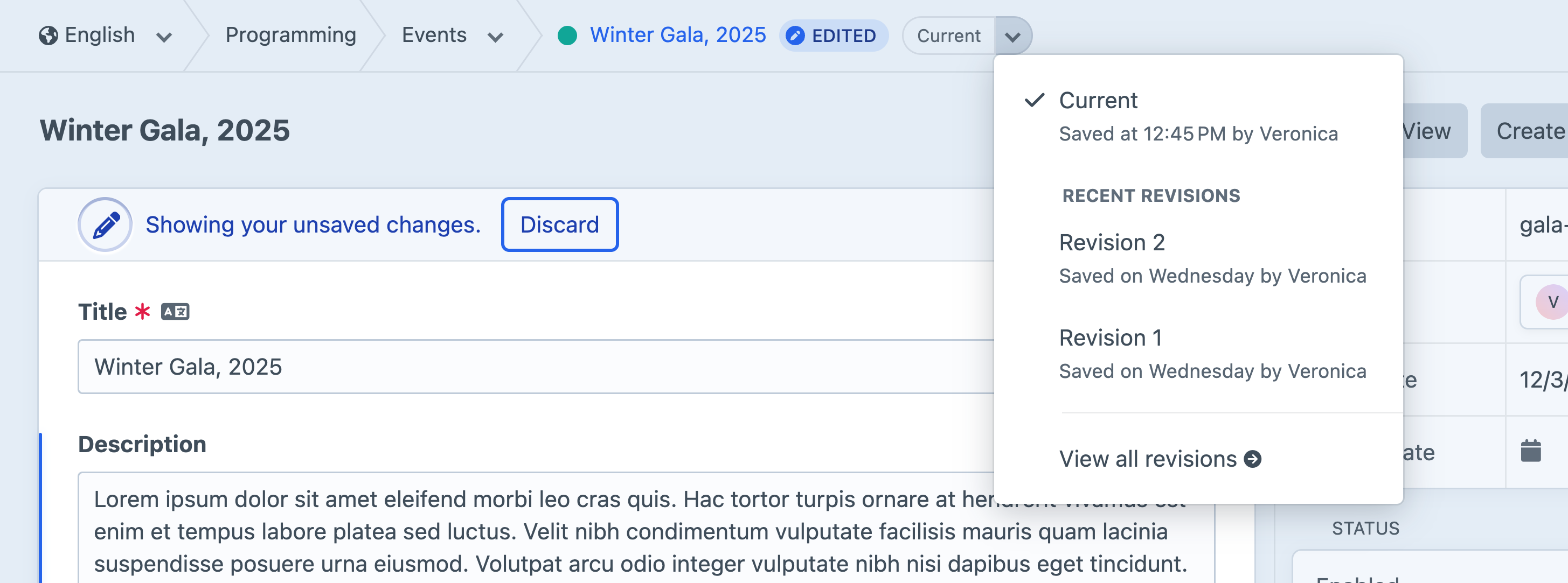 The drafts + revisions menu among an entry’s breadcrumbs in the Craft control panel