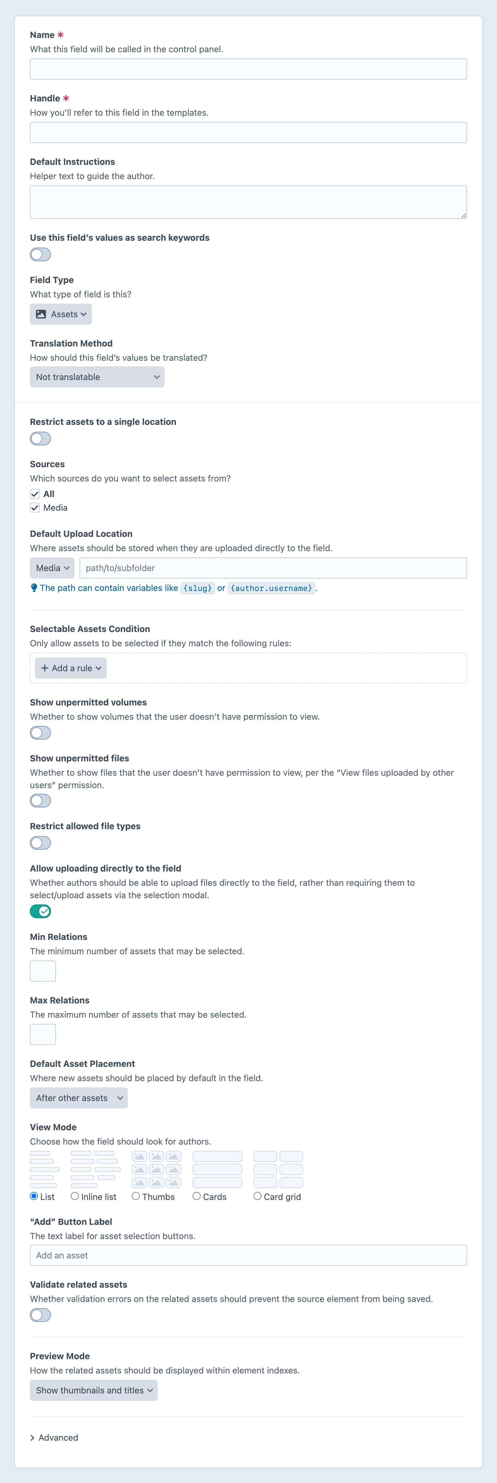 Assets field settings screen in the Craft control panel