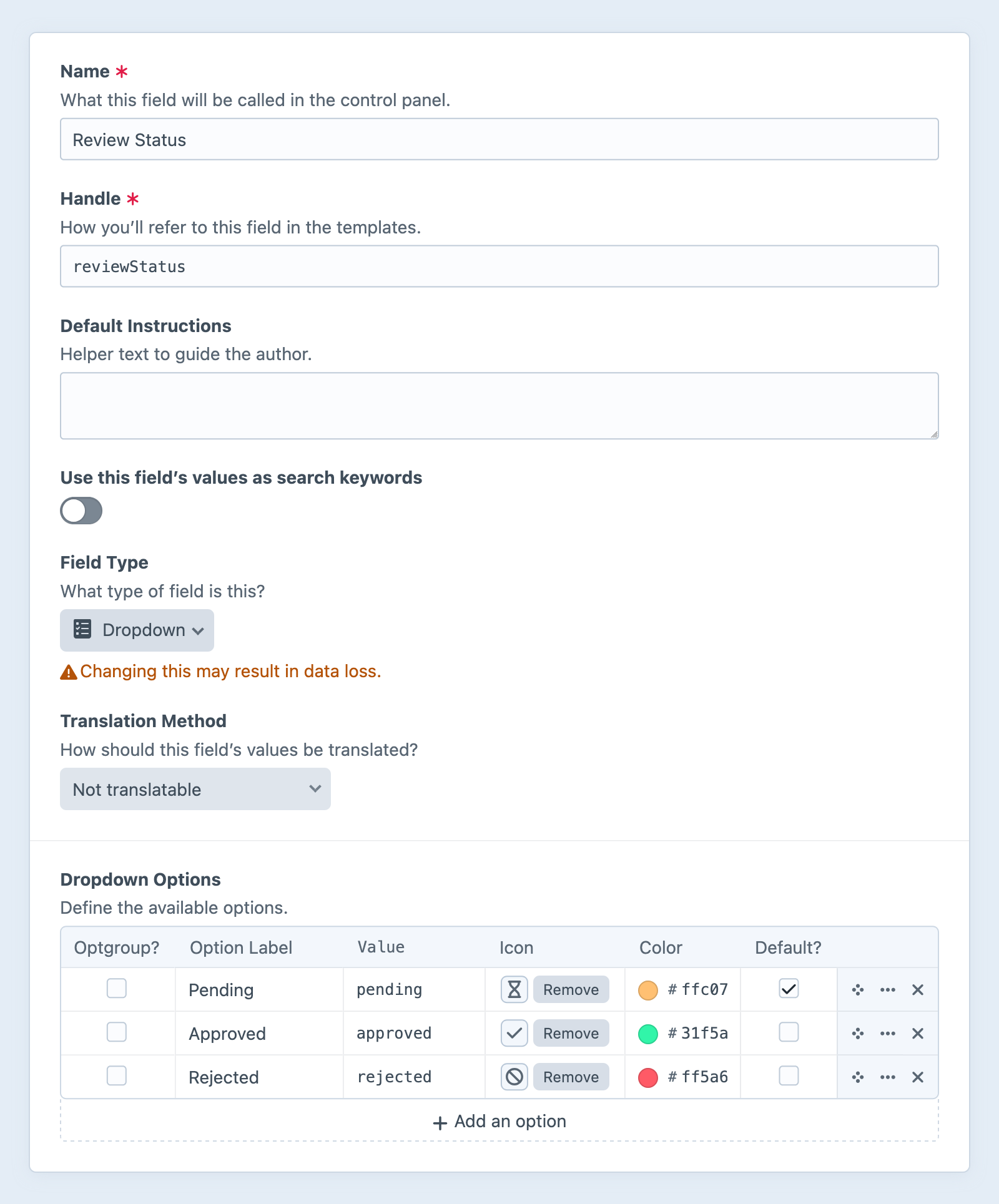 Dropdown field settings screen in the Craft control panel