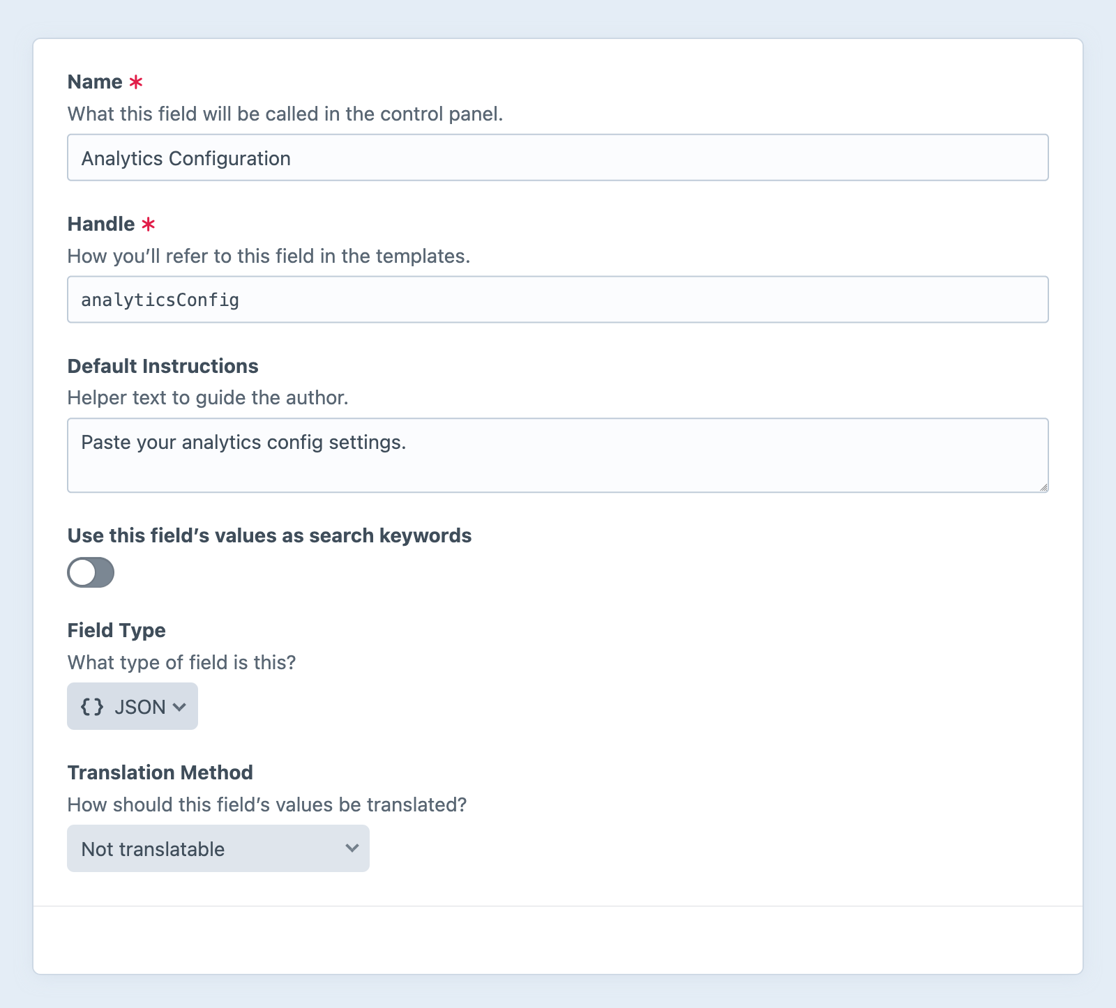 JSON field settings screen in the Craft control panel