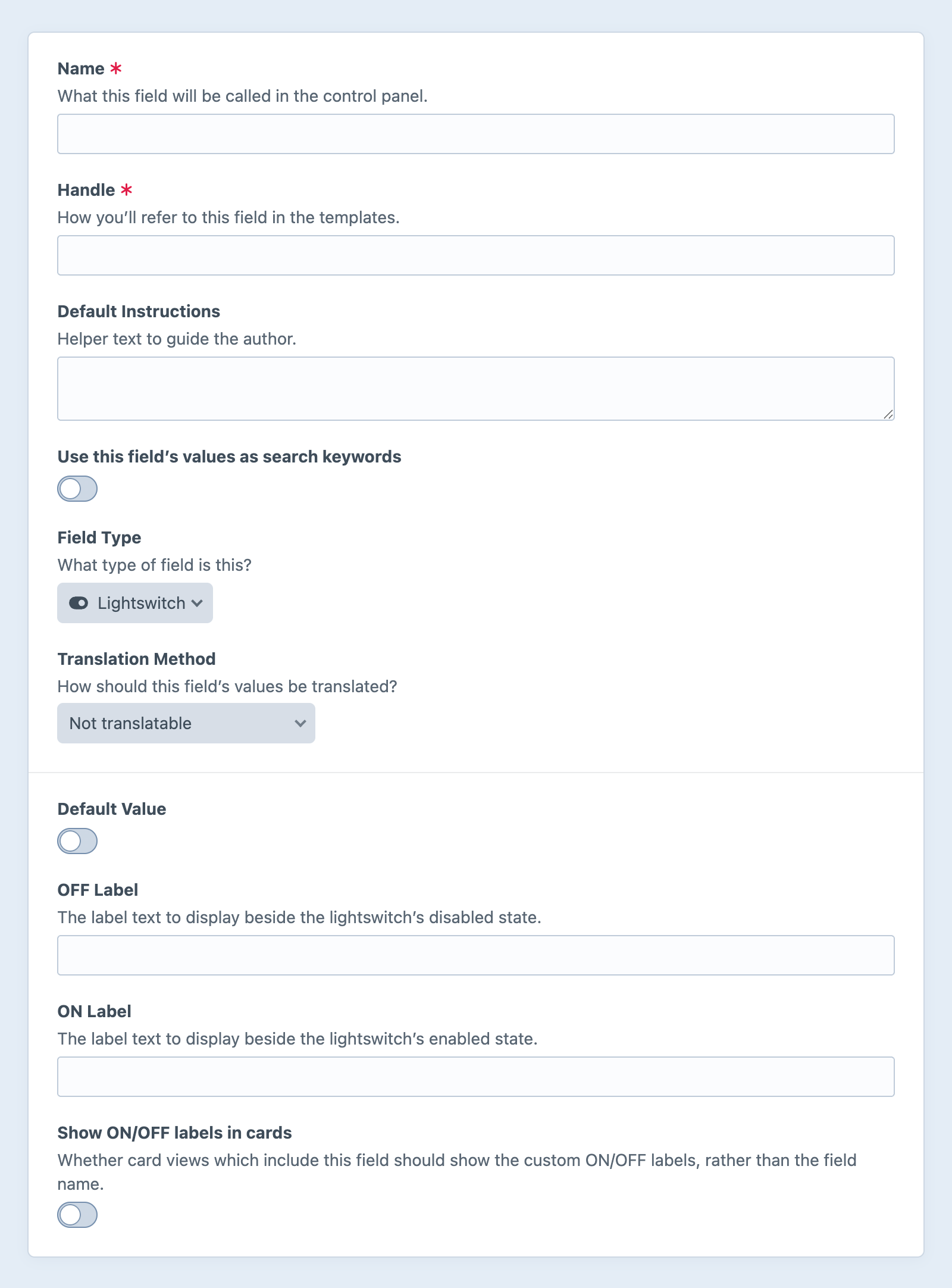 Lightswitch field settings screen in the Craft control panel