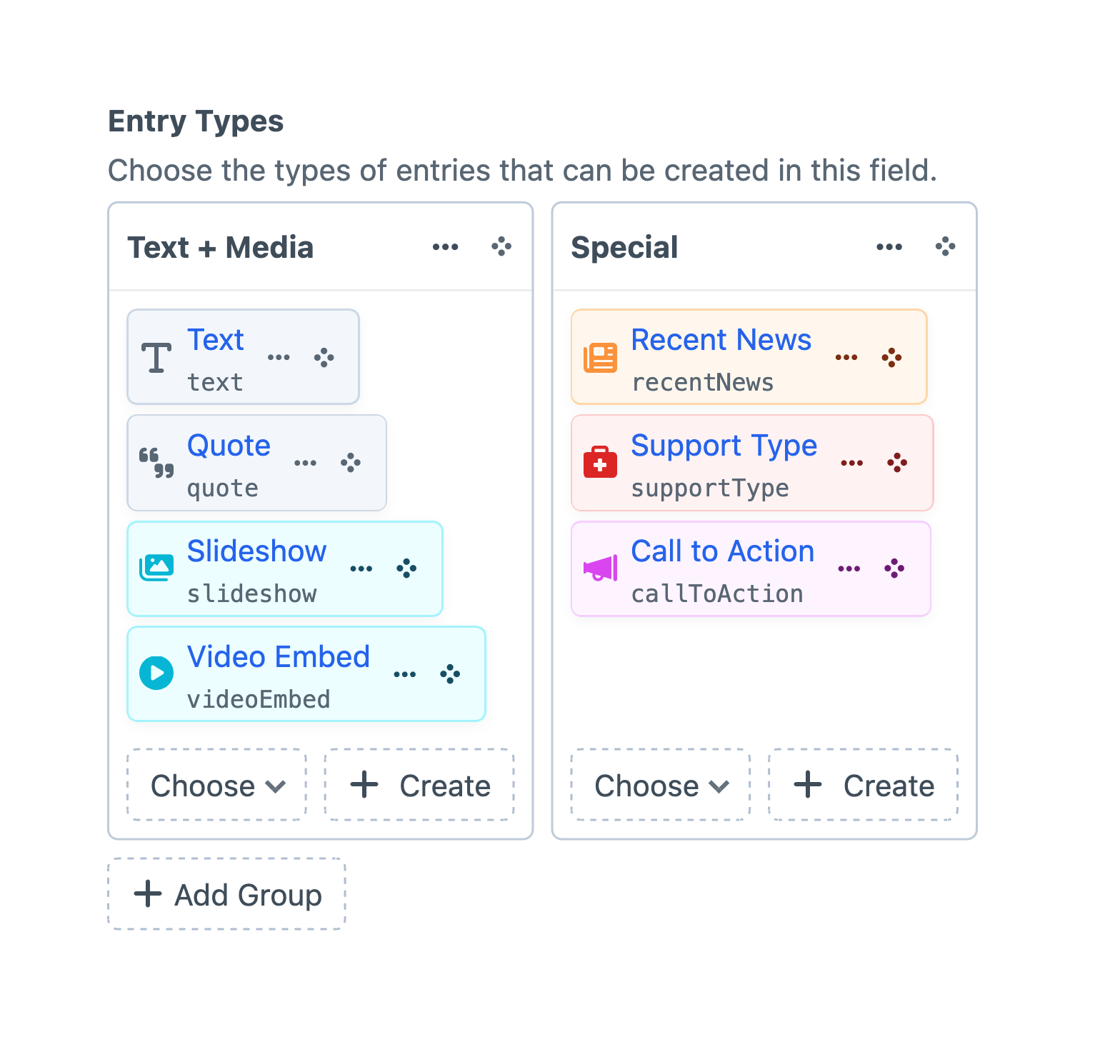 Adding and organizing entry types in a Matrix field