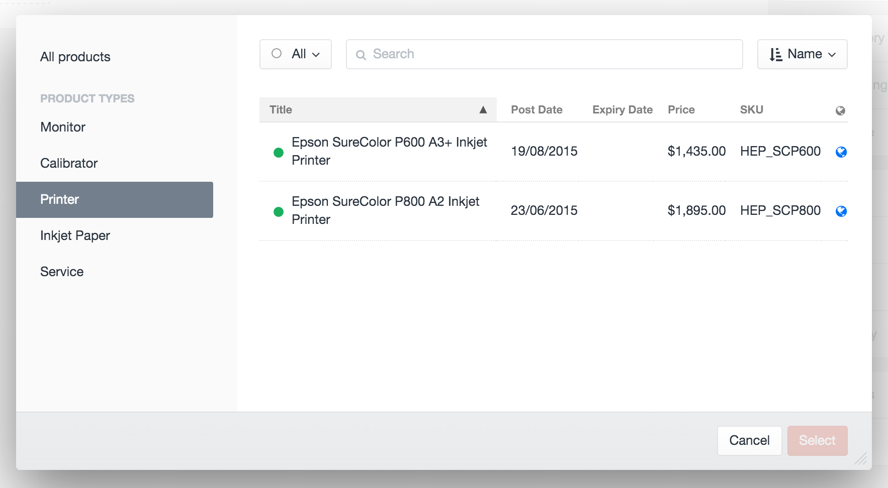 Product selection modal