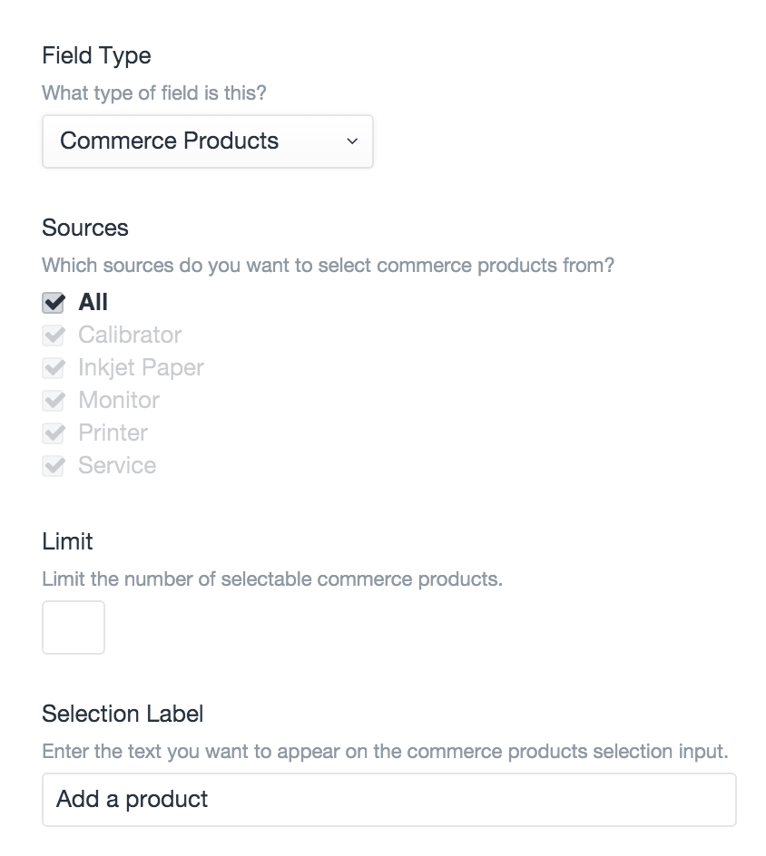 Products field settings.