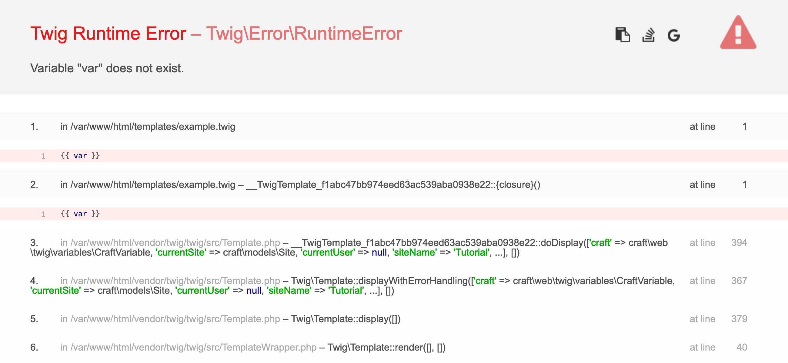 An error reporting page showing there was a Twig Runtime Error because the variable 'var' does not exist.
