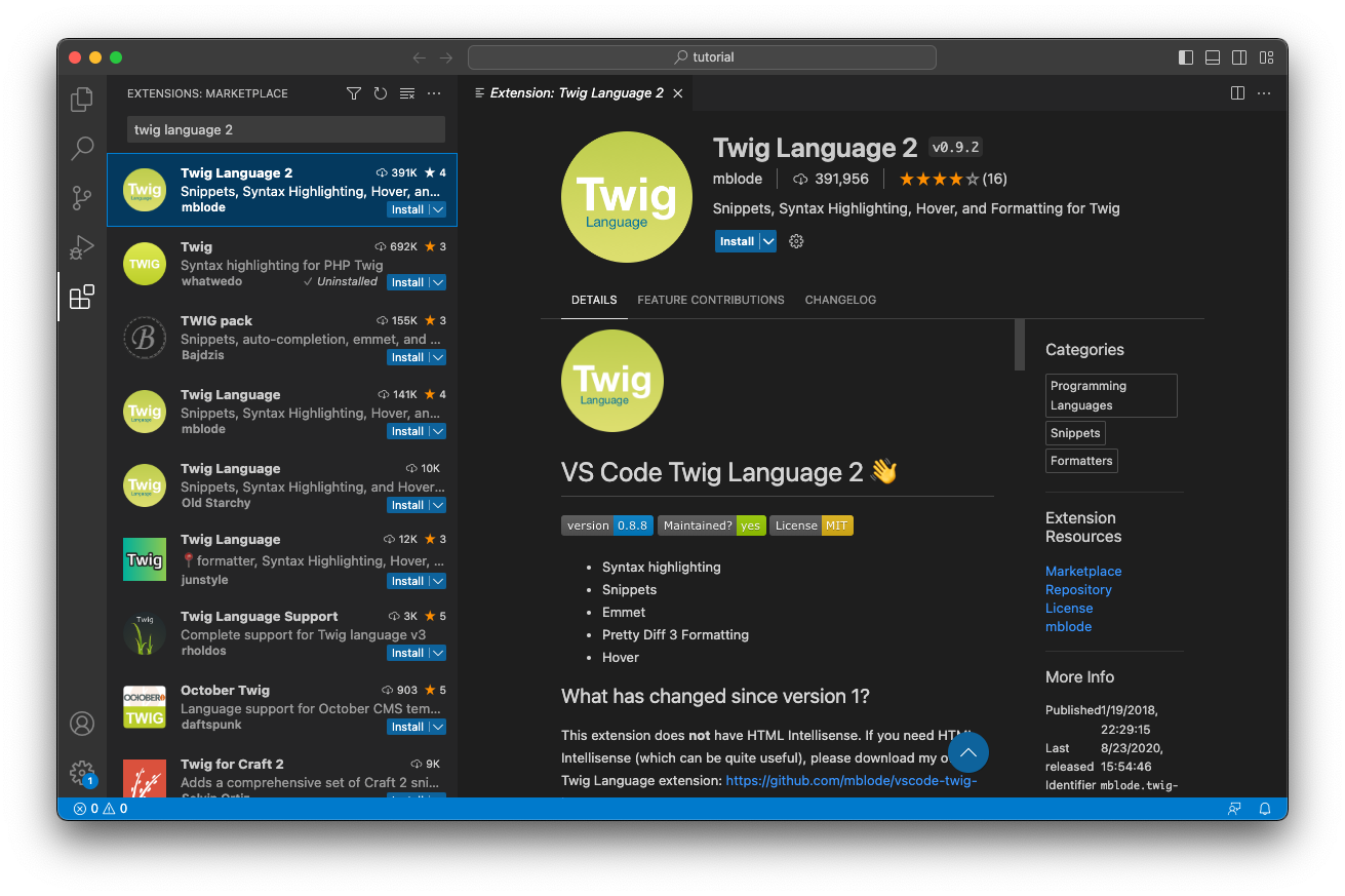 VS Code with its extension marketplace open